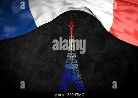 14 July Bastille day flyer, banner or poster. Holiday background with waving flag in man`s hand and map. Vector flat illustration. Stock Photo